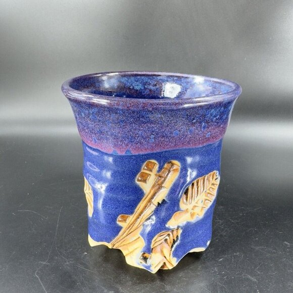 Hand Made Abstract Coffee Mug Cup Cobalt Blue Pottery Mug Artist Signed Bottom - Picture 12 of 16
